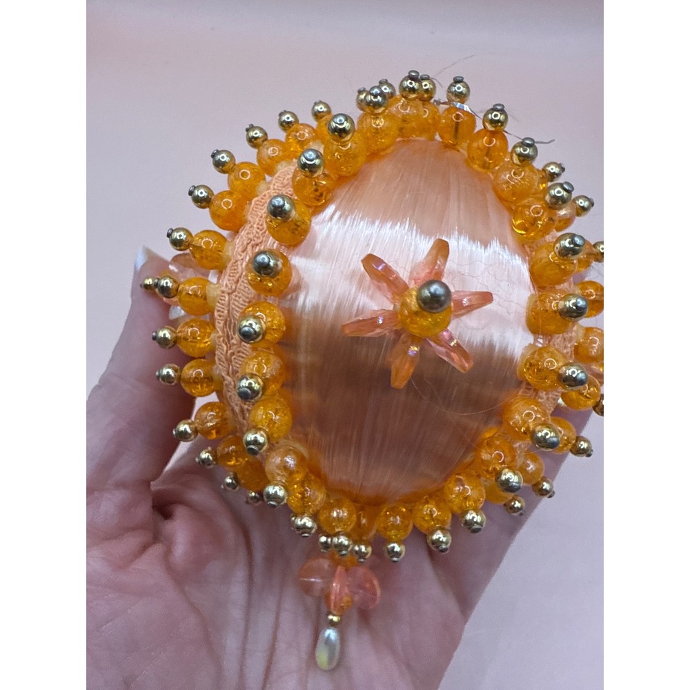 Vintage Handmade Beaded Push Pin Christmas Ornament Peach Satin Pearl - Picture 8 of 12